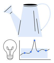 Watering can light bulb and line graph symbolize growth, innovation, analysis, sustainability, creativity, progress, and data-driven strategies. Ideal for eco-friendly growth. Line metaphor