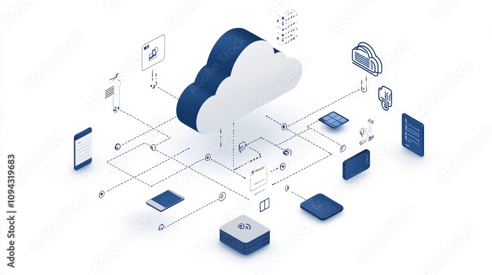 Poster cloud computing network isometric illustration showing devices connected to a central cloud server.