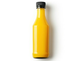 A yellow bottle filled with a liquid, likely a beverage or condiment.