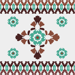 Green and brown design embroidery, motif ethnic ikat seamless textile illustration, print striped ornament, pattern, design for wrapping, silk, scarf, clothing, background, textile, carpets, curtains.