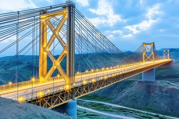 Naklejka premium A stunning suspension bridge illuminated at dusk, showcasing engineering and scenic beauty.