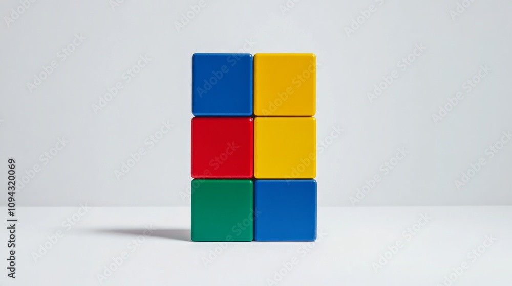 Poster stack of colorful blocks with a yellow block on top. the blocks are arranged in a way that they form