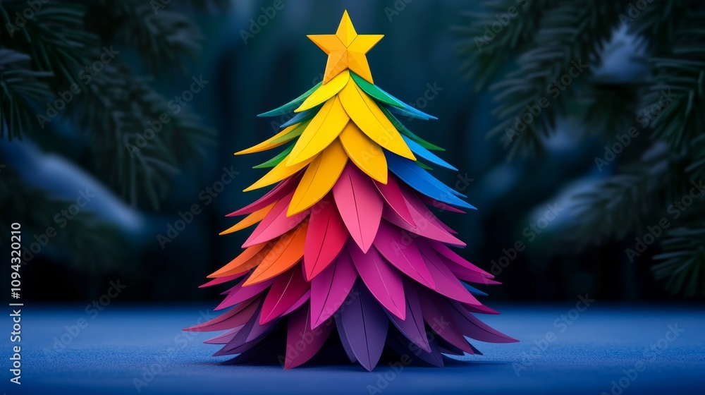 Poster colorful paper tree with a star on top. the tree is made of different colored paper and is placed on