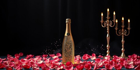 Bubbly champagne and dark velvet background with scattered rose petals and candelabras, sophisticated style, dim lighting