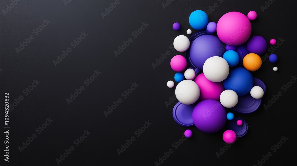 Poster black background with a bunch of colorful spheres. the spheres are of different sizes and colors, cr