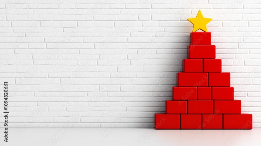 Poster red christmas tree with a yellow star on top. the tree is made of blocks and is placed in front of a