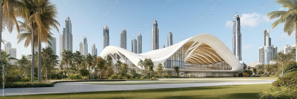 Poster a modern architectural structure surrounded by palm trees and skyscrapers in an urban setting.