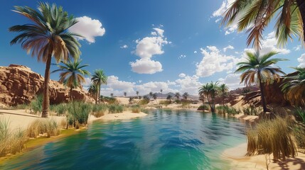Obraz premium Serene oasis in a vibrant desert landscape with palm trees and clear blue water.