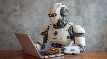 Fototapeta premium Retro-Style AI Robot Working on a Laptop - Concept of Artificial Intelligence in a Minimalist Setting