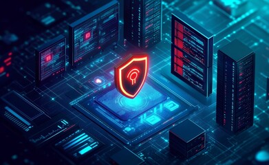 Advanced Cybersecurity Digital Illustration Featuring Secure Network Protection and Multiple Device Security in a High-Tech Environment