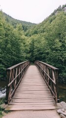 Fototapeta premium A wooden bridge spans a serene landscape, surrounded by lush green trees and hills.