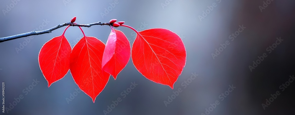 Poster red leaf is on a branch. the leaf is red and has a shiny surface. the branch is thin and has a light