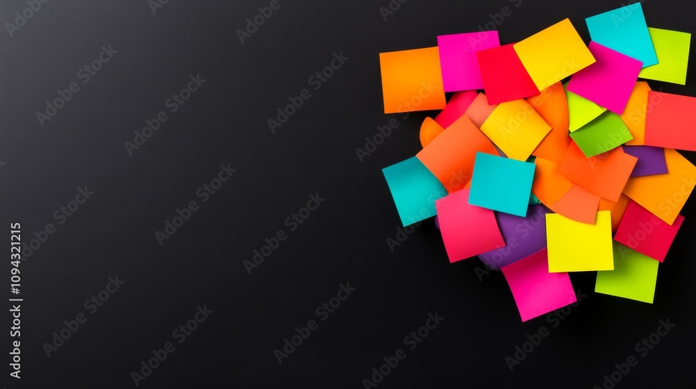 Poster colorful stack of post-it notes on a black background. the post-it notes are in various colors and s