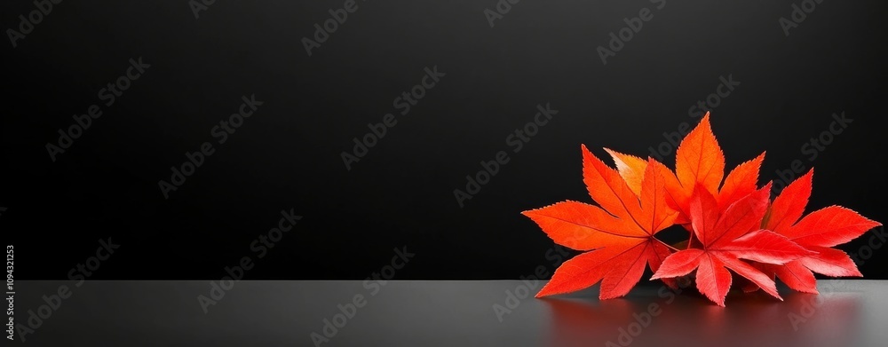 Poster black background with a red leaf on it. the leaf is on a table
