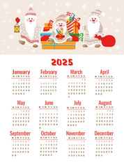 Calendar for 2025 with cute gnomes with gifts. Week starts on Monday. Vector illustration in vertical format A4, A5.