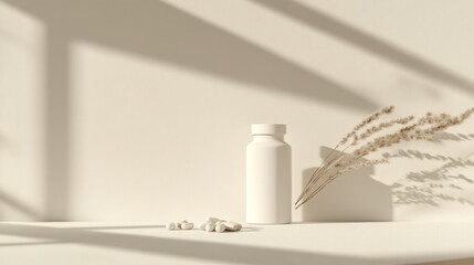 A pill bottle with capsules scattered beside it, with a soft and neutral background, which is clean and simple