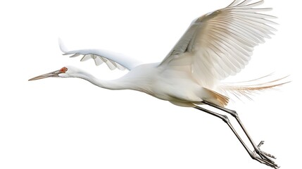 Obraz premium A white crane mid-flight, long legs trailing, isolated on a white background.