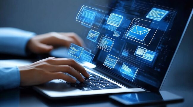 Business Woman Working on Laptop with Digital Documents for Compliance and Regulation Management