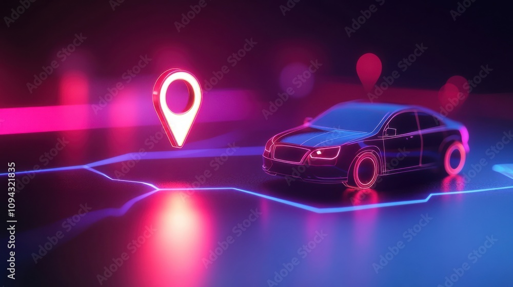 Poster three-dimensional car with location icon on technological interface design