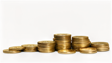 Here's a possible  and keyword list for your image... Gold coins stacked in ascending order on a brown background.