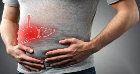 Man holding his liver with an illustration of a human liver on it, concept highlights liver disease, digestive health, and colorectal cancer awareness