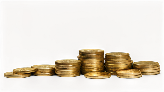 Here's a possible  and keyword list for your image... Gold coins stacked in ascending order on a brown background.