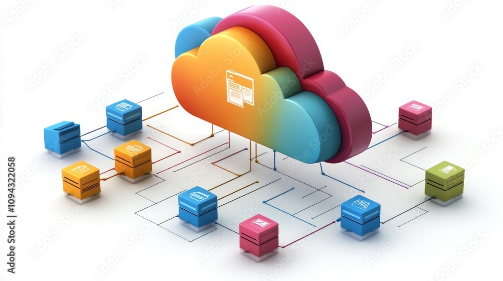 Poster colorful 3d cloud computing network illustration with data servers connected.