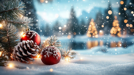 Weihnachtsstimmung mit roten Christbaumschkugeln im Schnee, Feierliche Stimmung im warmen Lichtern sowie See, Berge und Weihnachtsbaum im Hintergrund