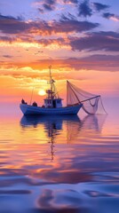 Obraz premium The profile of a fishing boat drifting on a glassy sea, under a sky transitioning from day to night, with the last rays of the sun highlighting the boat's outline against the colorful backdrop. 
