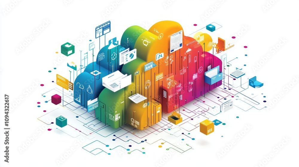 Poster colorful cloud computing network with data storage and transfer icons.