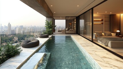 Obraz premium Luxurious indoor pool with stunning city views, blending relaxation and modern design.
