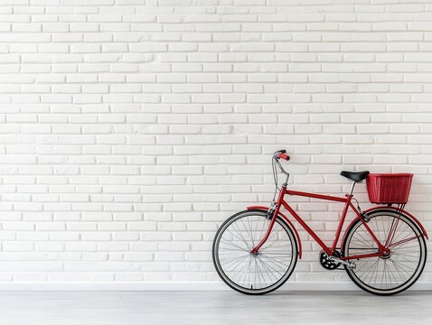Red Bicycle Parked Against White Brick Wall Urban Setting Lifestyle Minimalist Design Contemporary Viewpoint