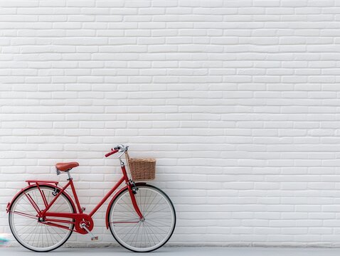 Single Red Bicycle Parked Against White Brick Wall Urban Location Minimalist Side Visual Aesthetics
