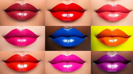 Obraz premium Row of colorful lips with a variety of shades including red, blue, yellow, and green