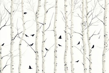 Fototapeta premium A serene scene of white birch trees with silhouettes of birds against a light background, evoking peace and tranquility in nature.