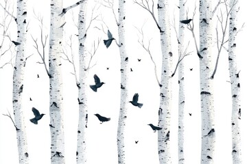A serene scene of white birch trees with silhouettes of birds flying, embodying tranquility and the beauty of nature.