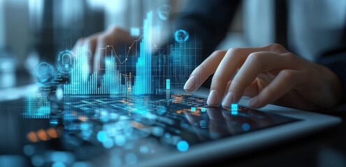 Businessman using tablet to analyze finance data virtual dashboard with graphs and charts in modern office