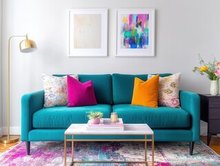 Colorful Living Room Action Featuring Teal Loveseat Cozy Space Contemporary Style Inviting Atmosphere Top-Down Vibrant Design Elements
