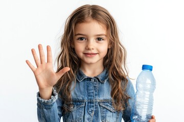 A young girl smiles while holding a water bottle and showing five fingers.
