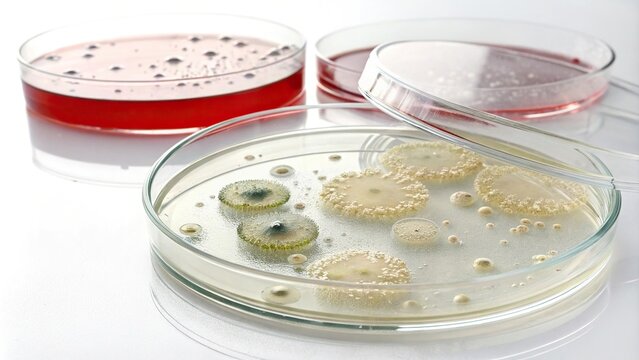 Segment of a petri dish with agar gel and bacterial growth on a white background, bacteria, plate, experiment, growth