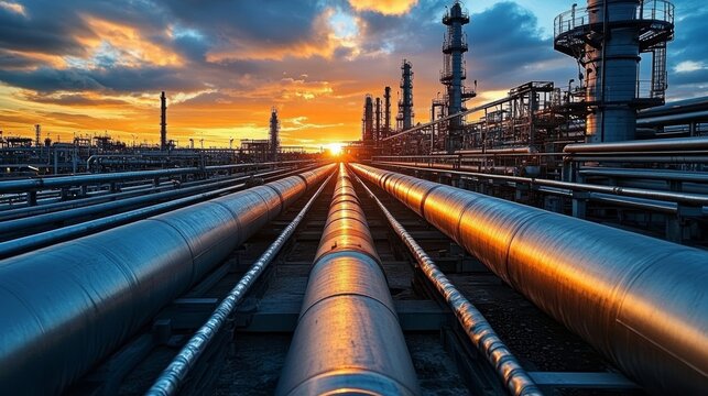 Industrial Refinery Pipes at Sunset, Metal Pipelines and Towers, Energy Production and Chemical Processing