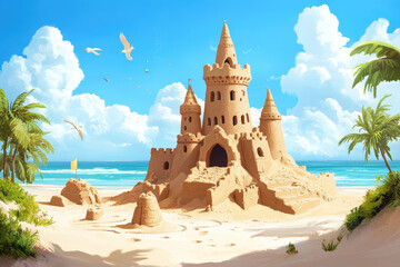 Intricate Sandcastle on a Sunny Beach