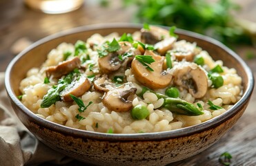 Bowl of vegetarian risotto with champignons mushrooms.