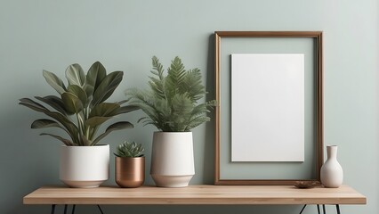 A modern minimalist poster mockup with a soft bronze plant and wooden frame, blank vertical clear frame for wall art mockup on table, soft green color