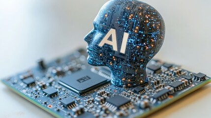 Digital ai concept: circuit board with ai head symbolizing artificial intelligence.