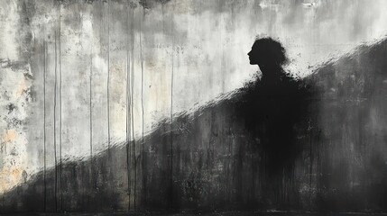 Obraz premium Solitude's Embrace: A Monochrome Abstract of a Woman's Silhouette Against a Textured Wall