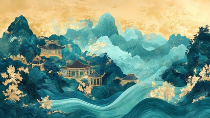 Traditional Chinese gold blue green pavilion pavilion illustration poster background