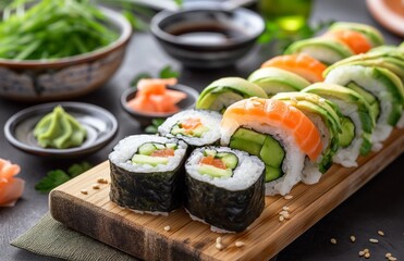 Sushi roll set on wooden platter.