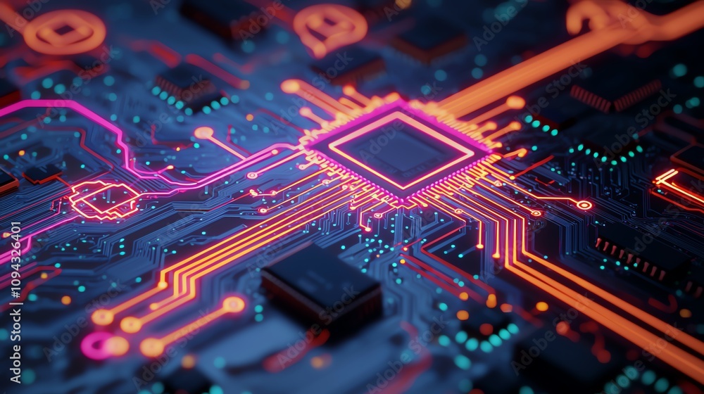 Poster circuit board innovation tech lab digital art futuristic setting close-up view technology overview