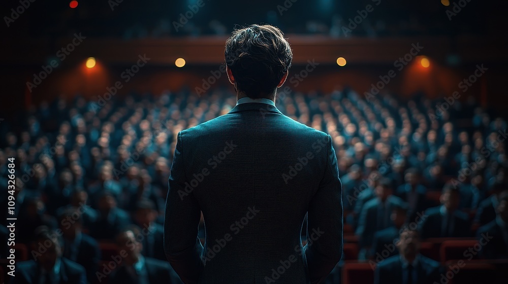 Poster public speaking event captivates large audience in a dimly lit auditorium filled with attentive list